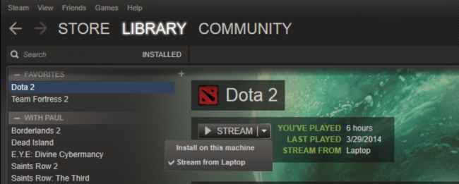 Интерфейс клиента Steam: список игр и кнопка «Stream»