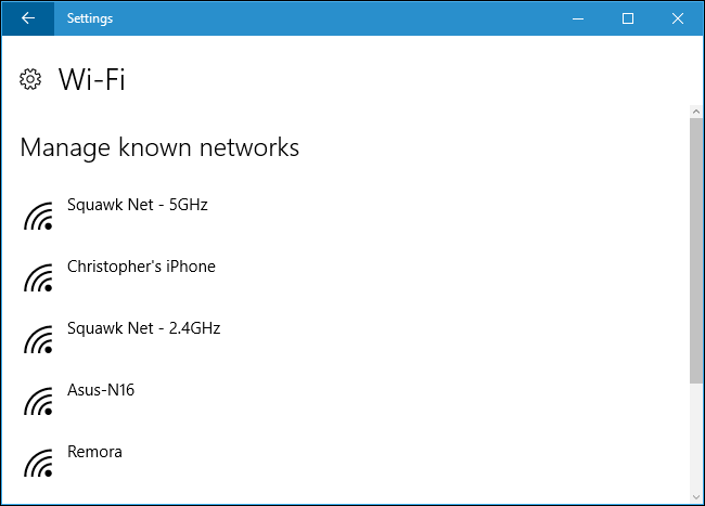 Список известных сетей в Параметрах Windows