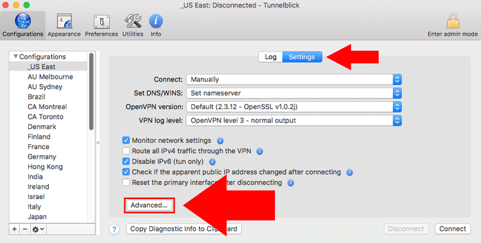 Кнопка Advanced в настройках Tunnelblick