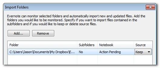 Скриншот: выбор папки для импорта в Evernote