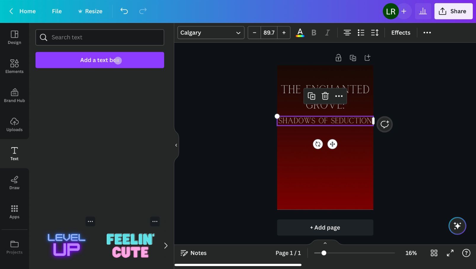 Добавление текстового поля в Canva для названия книги