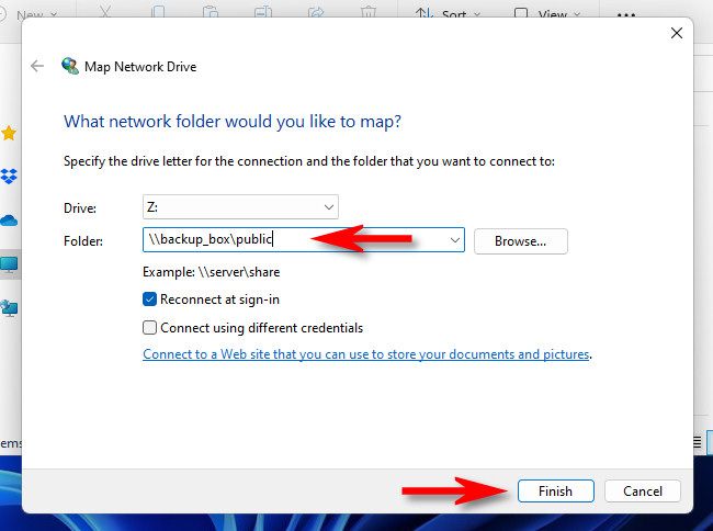 Окно подключения сетевого диска: выбор буквы, ввод сетевого пути и кнопка «Готово».