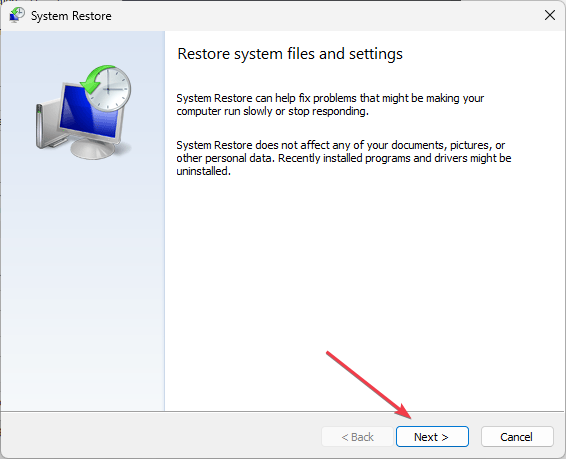Скриншот мастера восстановления системы с кнопкой Далее