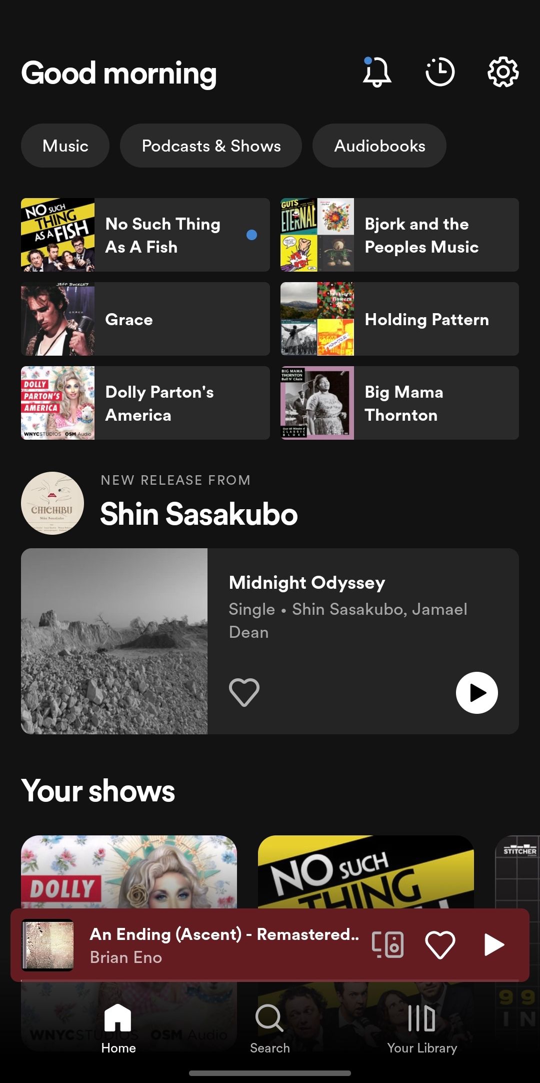 Скриншот мобильного приложения Spotify, страница Home