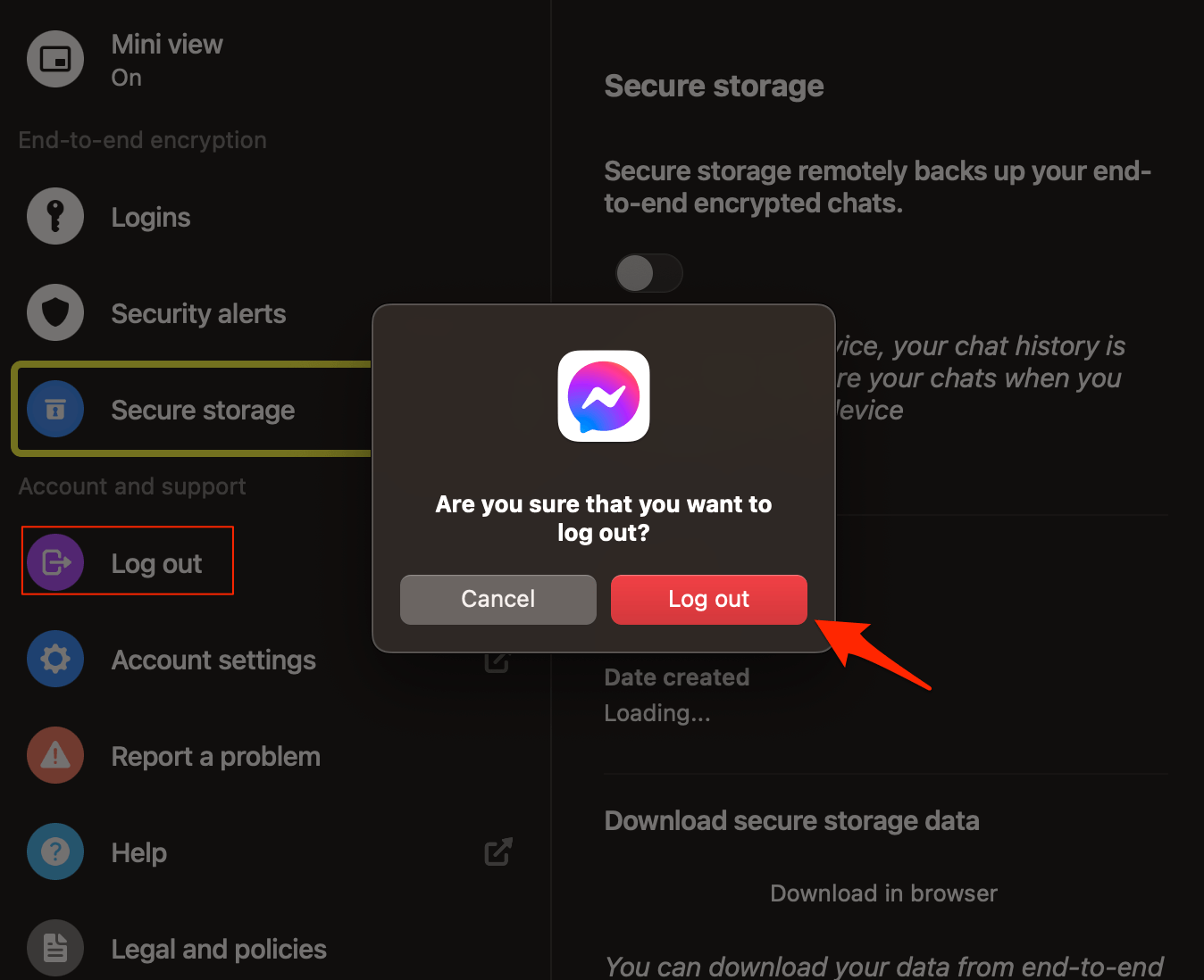 Кнопка выхода из Messenger