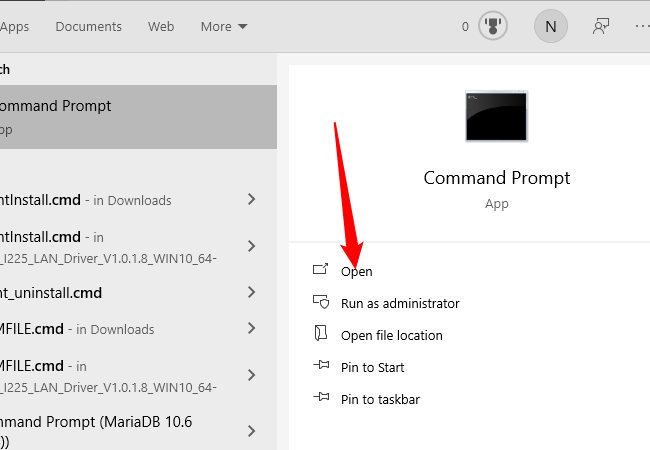 Кнопка Открыть в результате поиска Командной строки