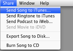 Окно экспорта 'Send Song to iTunes' в GarageBand