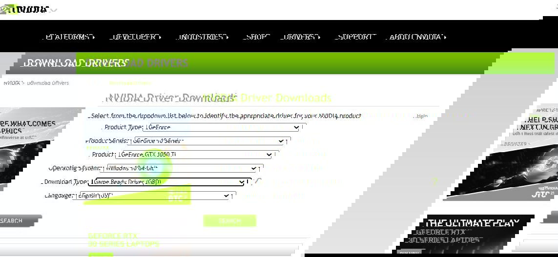 Форма ручного поиска драйверов NVIDIA