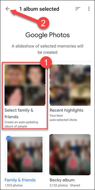 Опция выбора «Family and friends» в Google Photos для Ambient Mode