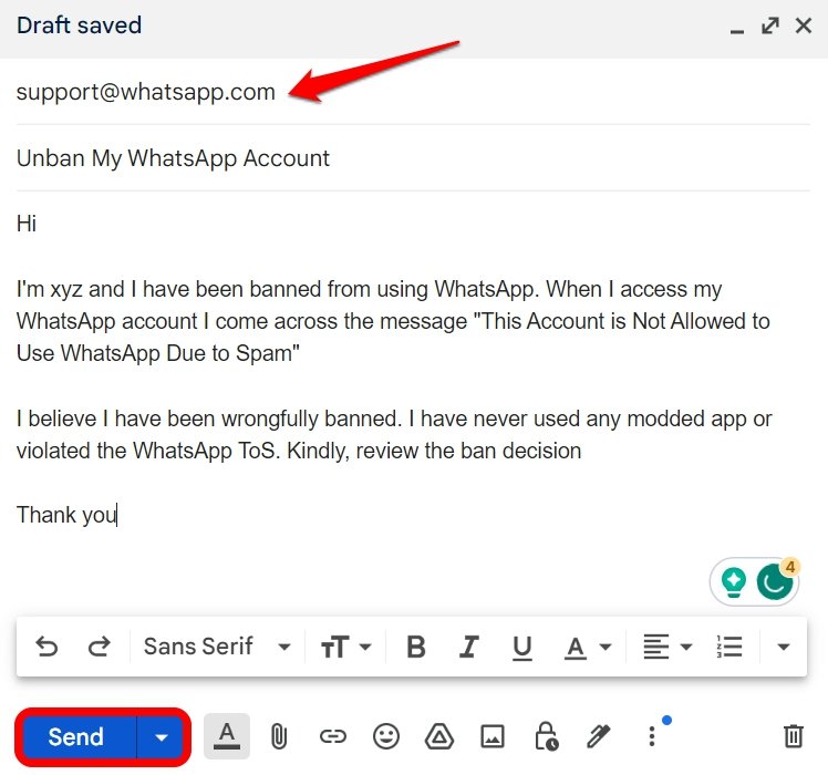 Контактная информация службы поддержки WhatsApp на экране