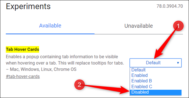 Выпадающий список флага Tab Hover Cards, выбрать Disabled