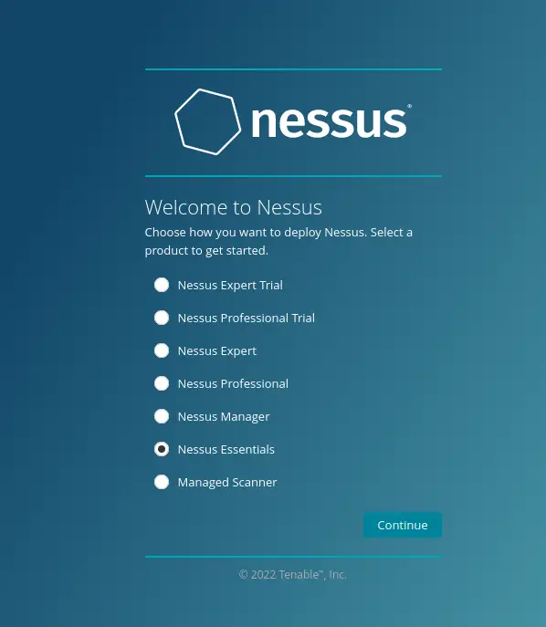 Выбор Nessus Essentials в веб-интерфейсе