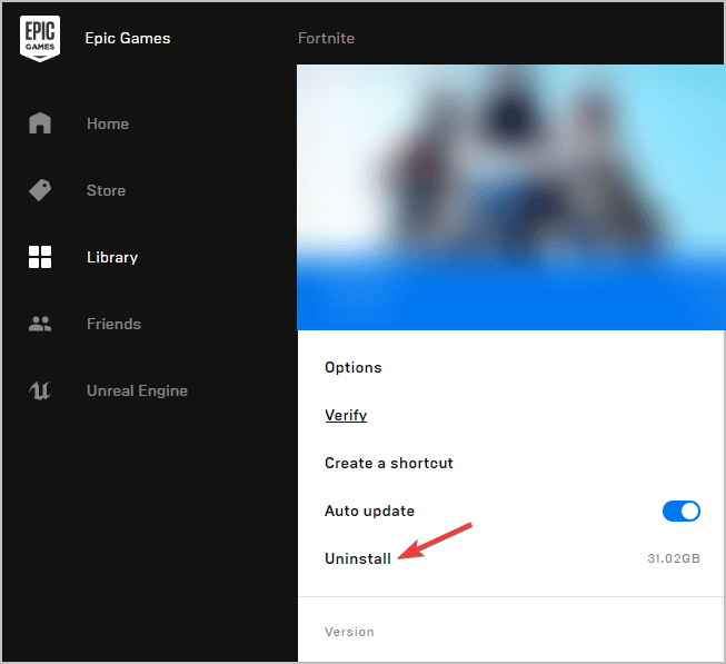Кнопка «Удалить» в Epic Games Launcher