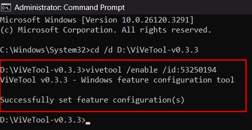 Включение фичи через ViVeTool — результат в консоли