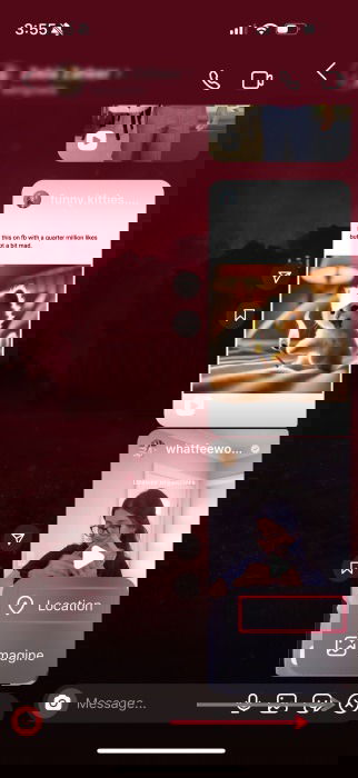 Выбор опции «Location» в личном сообщении Instagram