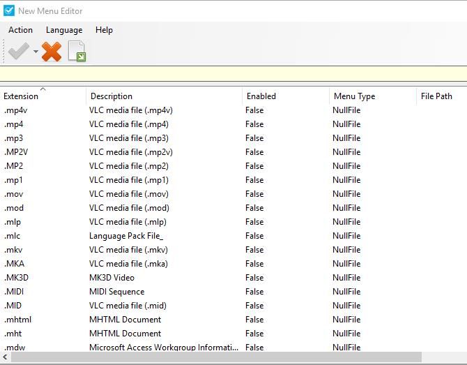 Окно New Menu Editor с перечнем типов файлов для создания
