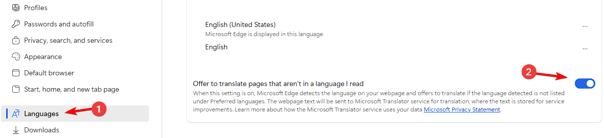 Настройки языков в Microsoft Edge