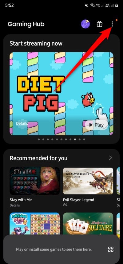 Меню в Gaming Hub для доступа к параметрам