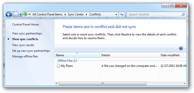Список файлов с конфликтами синхронизации в Sync Center