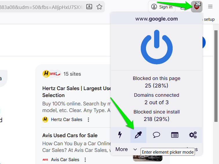 Element Picker uBlock Origin в Firefox