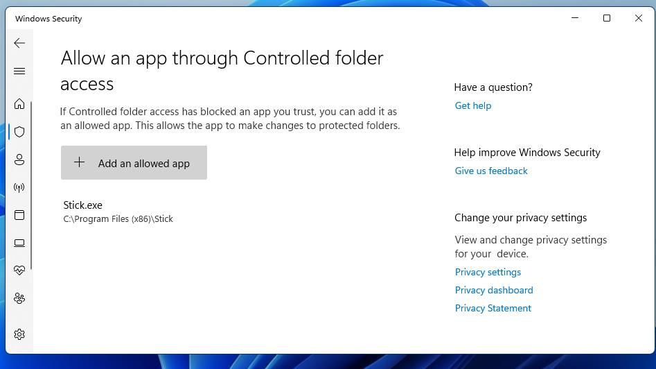 Кнопка Добавить разрешённое приложение