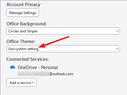 Переключатель «Использовать системные настройки» в настройках темы Office