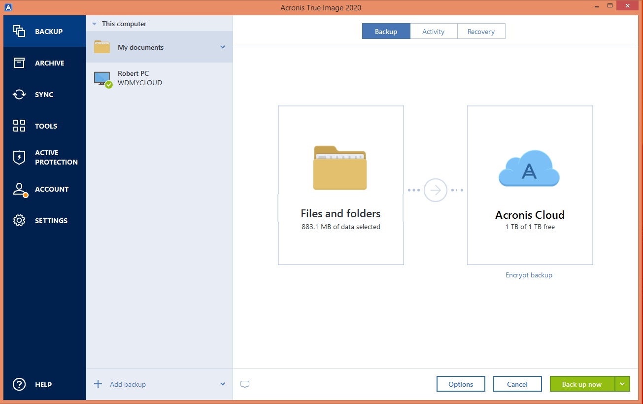 Selezione destinazione backup in Acronis True Image (incl. Dropbox)