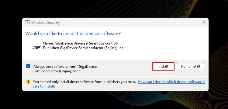Окно безопасности Windows при установке драйвера