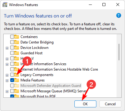 Опция 'Media Features' в компонентах Windows