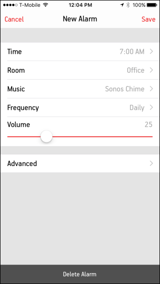 Настройки времени, комнаты, частоты и громкости будильника в Sonos