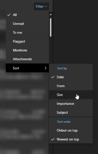 Sorting emails in Outlook by size order
