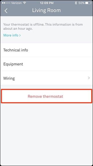 Опция удаления термостата в приложении