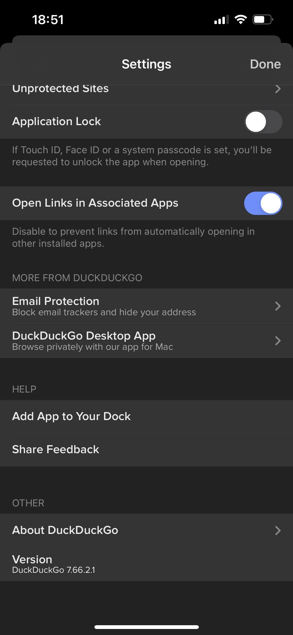 Настройки мобильного приложения DuckDuckGo iOS