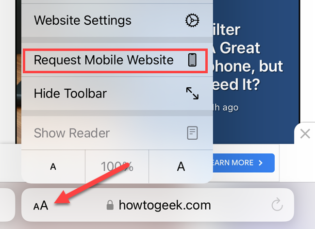 Возврат к мобильной версии на iPhone.