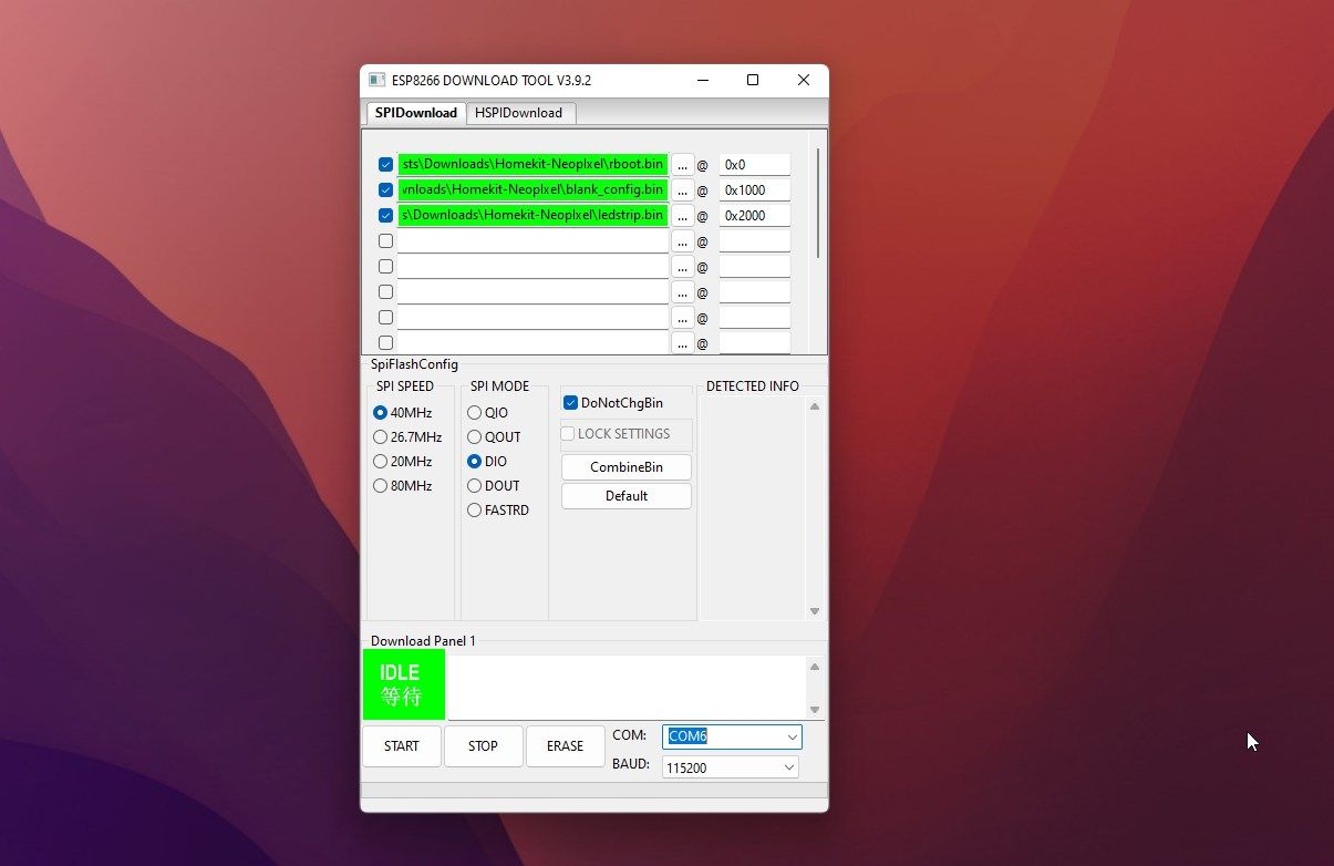 select options to flash neopixel homekit firmware on nodemcu d1 mini