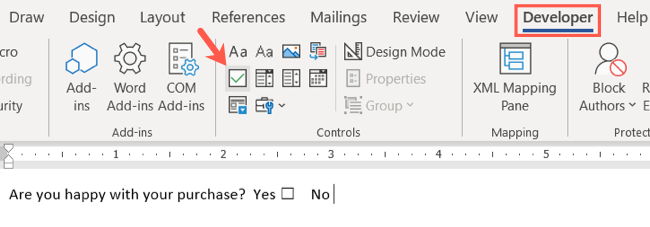 Элемент управления 'Флажок' на вкладке Разработчик в Word.