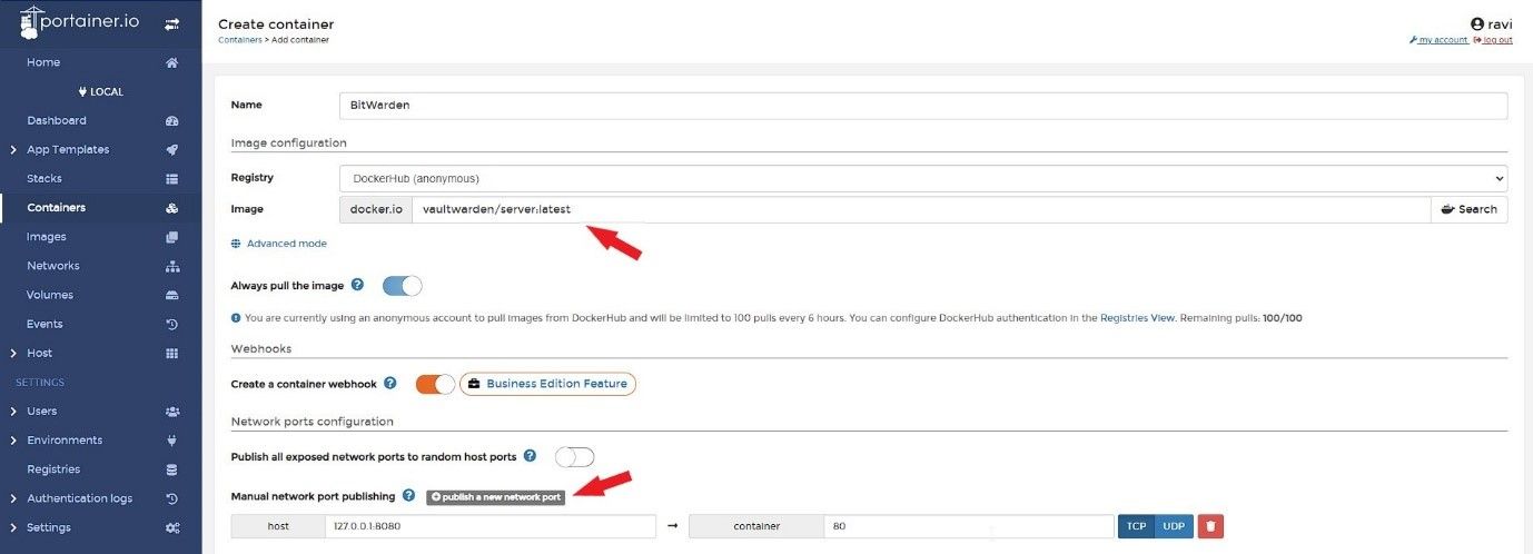Настройка контейнера Vaultwarden в Portainer