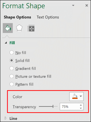 Панель Формат фигуры с настройками заливки и прозрачности
