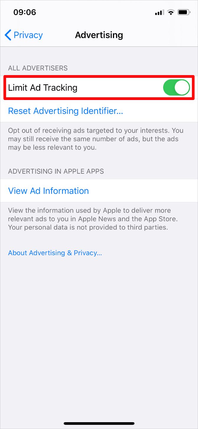 Экран Реклама с опцией Ограничить отслеживание рекламы