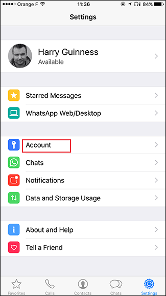 Раздел «Настройки» приложения WhatsApp