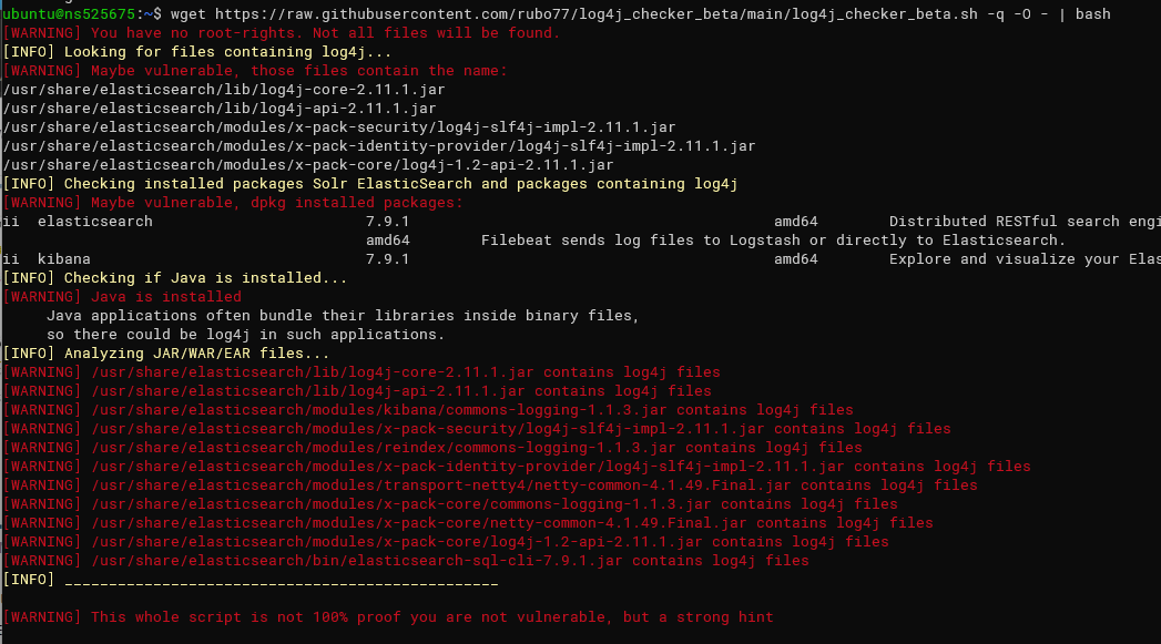 Скриншот: процесс Elasticsearch, работающий на сервере с встроенным OpenJDK и log4j