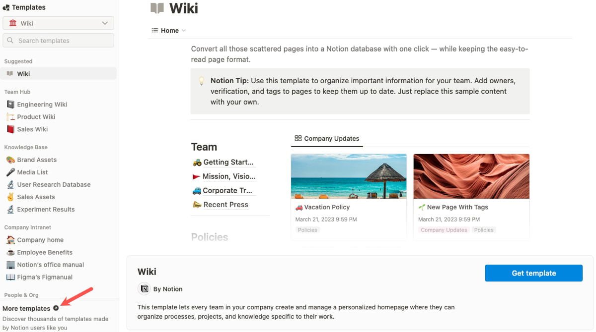 Ссылка More Templates в Notion Templates