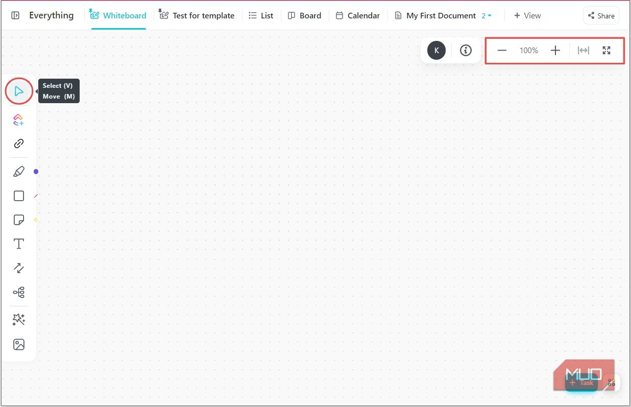 Навигация и перемещение на ClickUp Whiteboard