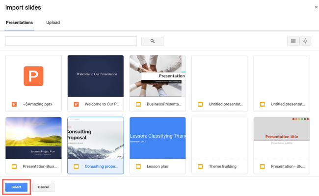 Выбранная презентация в окне импорта.