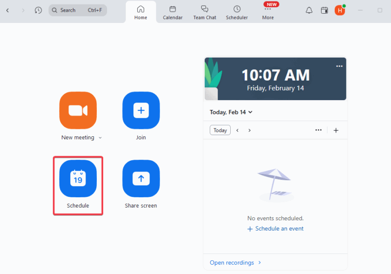 Кнопка Schedule в интерфейсе Zoom