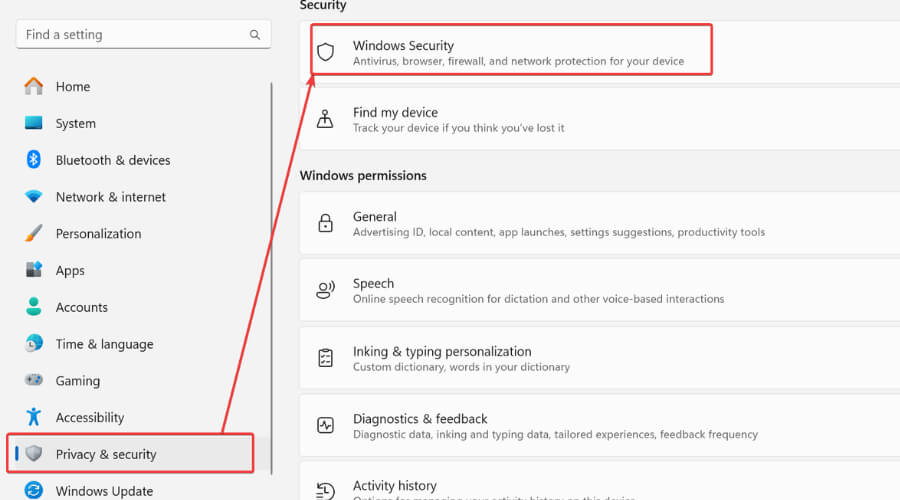 Окно Безопасность Windows в настройках