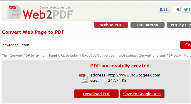 Инструмент Web2PDF — ввод адреса веб-страницы