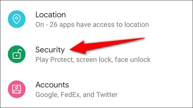 Выберите раздел Security в настройках Google Pixel 4