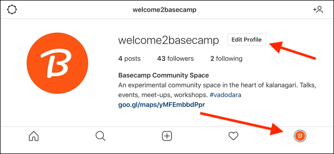 Нажмите кнопку Редактировать профиль в вашем профиле Instagram