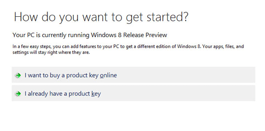 Выбор покупки или регистрации функции в Windows 8